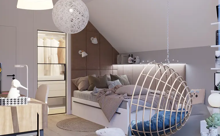 Wnętrze poddasza z łóżkiem, biurkiem i huśtawką w stylach boho, skandynawskim, vintage.