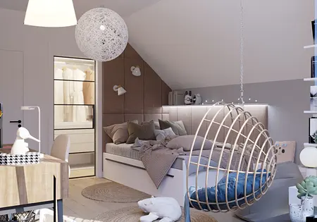 Wnętrze poddasza z łóżkiem, biurkiem i huśtawką w stylach boho, skandynawskim, vintage.