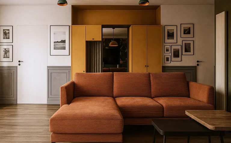 Wnętrze salonu z pomarańczową kanapą, żółtymi meblami oraz art deco, dopamine decor, eklektycznym stylem.