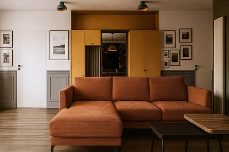 Wnętrze salonu z pomarańczową kanapą, żółtymi meblami oraz art deco, dopamine decor, eklektycznym stylem.