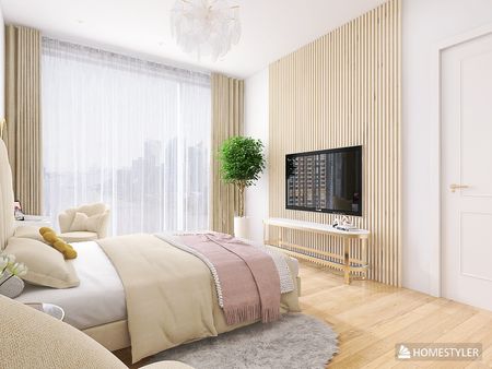 Wnętrze sypialni z elementami quiet luxury i współczesnymi meblami.