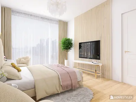 Wnętrze sypialni z elementami quiet luxury i współczesnymi meblami.