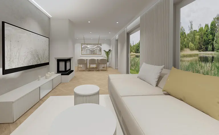 Wnętrze salonu w stylu glamour i nowoczesnym z białą sofą, drewnianymi meblami i dużymi oknami.