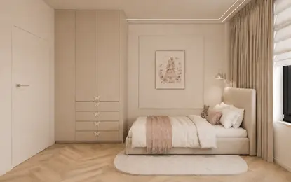 Wnętrze sypialni w stylu japandi z minimalistycznymi meblami.