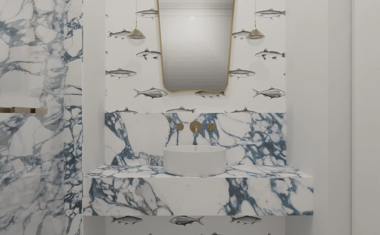 Nowoczesna łazienka z marmurową umywalką i tapetą z rybami, styl art deco i tradycyjny.