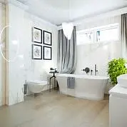 Nowoczesna łazienka z wanną, szarymi zasłonami i roślinami, styl glamour, quiet luxury, tradycyjny, współczesny.
