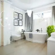 Nowoczesna łazienka z wanną, szarymi zasłonami i roślinami, styl glamour, quiet luxury, tradycyjny, współczesny.