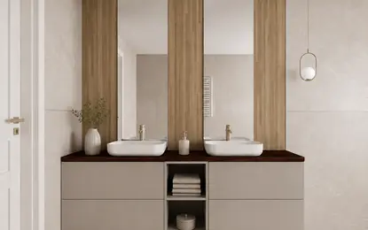 Wnętrze łazienki w stylu japandi z drewnianymi akcentami i minimalistycznym designem