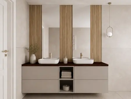 Wnętrze łazienki w stylu japandi z drewnianymi akcentami i minimalistycznym designem