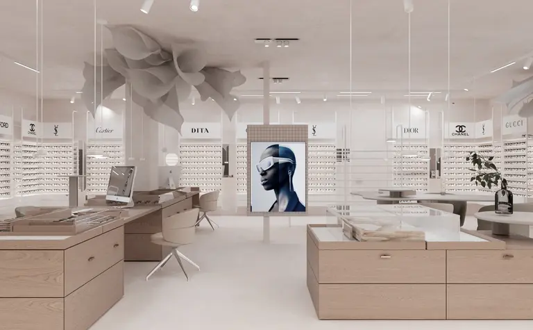 Wnętrze butiku z meblami w stylu japandi, minimalistycznym i quiet luxury, w jasnych kolorach.