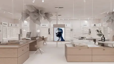 Wnętrze butiku z meblami w stylu japandi, minimalistycznym i quiet luxury, w jasnych kolorach.