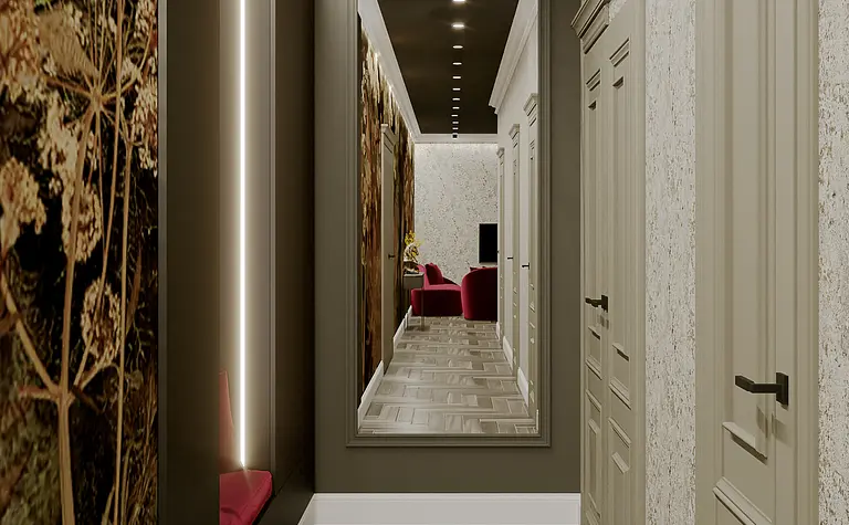 Przedpokój z art deco i nowoczesnym designem, drewniana podłoga, lustro i dekoracje.