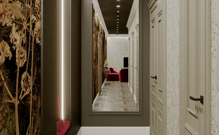 Przedpokój z art deco i nowoczesnym designem, drewniana podłoga, lustro i dekoracje.