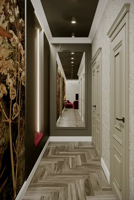 Przedpokój z art deco i nowoczesnym designem, drewniana podłoga, lustro i dekoracje.
