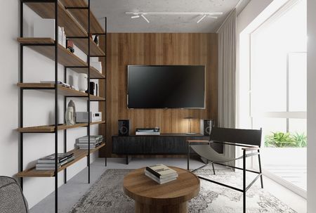 Wnętrze salonu w stylu industrialnym z półką i telewizorem.