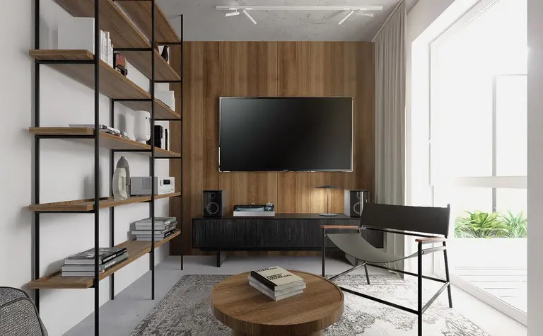 Wnętrze salonu w stylu industrialnym z półką i telewizorem.