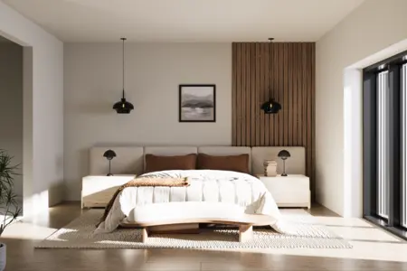 Sypialnia w stylu boho, japandi, minimalistycznym i nowoczesnym z brązowymi akcentami.
