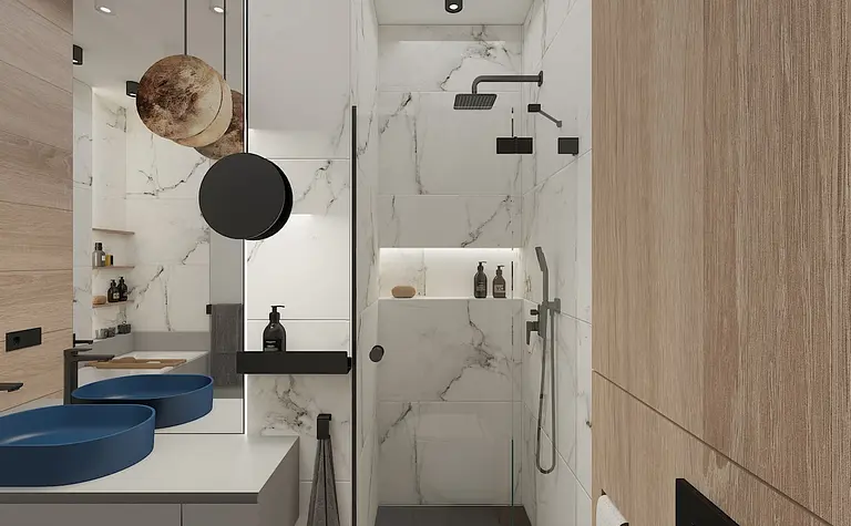Nowoczesna łazienka minimalistyczna z drewnem i marmurem, styl minimaluxe