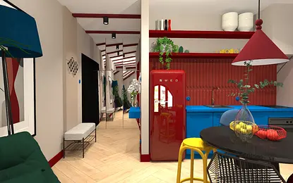 Wnętrze kuchni w stylu art deco i nowoczesnym z czerwonymi i niebieskimi meblami.