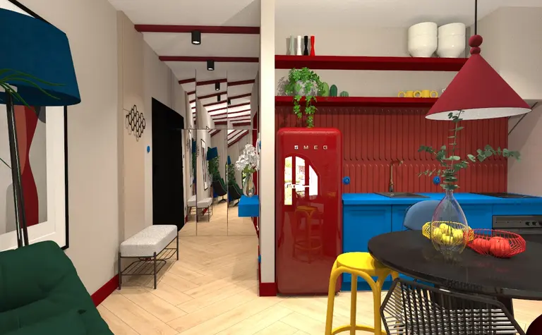 Wnętrze kuchni w stylu art deco i nowoczesnym z czerwonymi i niebieskimi meblami.
