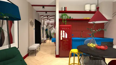 Wnętrze kuchni w stylu art deco i nowoczesnym z czerwonymi i niebieskimi meblami.