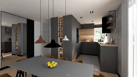 Nowoczesna kuchnia w stylu minimalistycznym z szarymi meblami, drewnianymi detalami i oświetleniem.