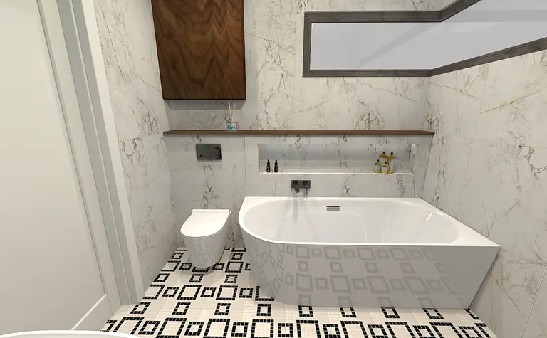 Nowoczesna łazienka z wanną, drewnianymi detalami i kafelkami.
