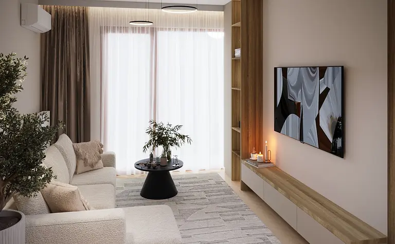 Eklektyczne wnętrze salonu z minimalistycznymi meblami i nowoczesnym oświetleniem.