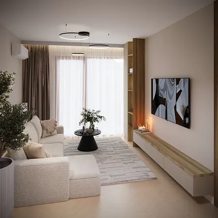 Eklektyczne wnętrze salonu z minimalistycznymi meblami i nowoczesnym oświetleniem.