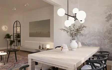 Jadalnia w stylu eklektycznym z nowoczesnym oświetleniem i dekoracjami quiet luxury.
