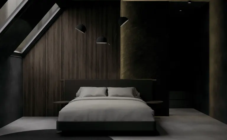 Sypialnia w stylu art deco i skandynawskim z drewnianym łóżkiem