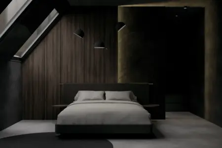 Sypialnia w stylu art deco i skandynawskim z drewnianym łóżkiem