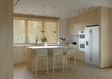 Kuchnia japandi z drewnianymi meblami, minimalistyczna, nowoczesna i skandynawska.