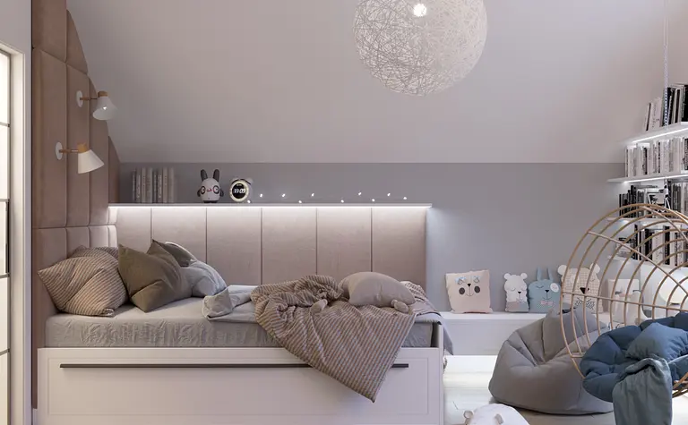 Wnętrze poddasza z boho, skandynawskim i vintage stylem