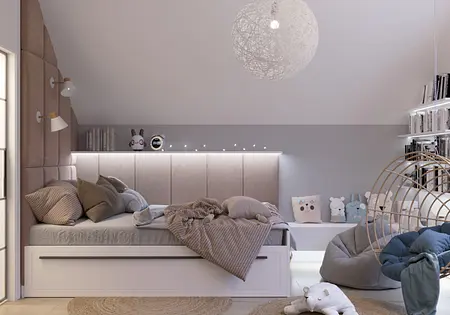 Wnętrze poddasza z boho, skandynawskim i vintage stylem