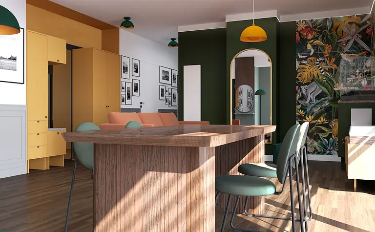 Wnętrze z drewnianym blatem, zielonymi akcentami, w stylach art deco, dopamine decor, eklektycznym.
