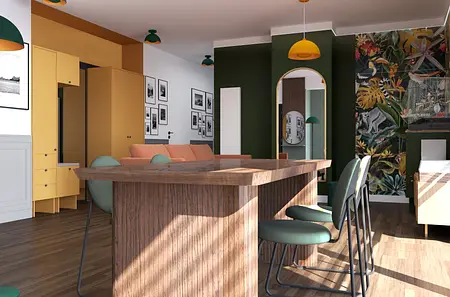 Wnętrze z drewnianym blatem, zielonymi akcentami, w stylach art deco, dopamine decor, eklektycznym.