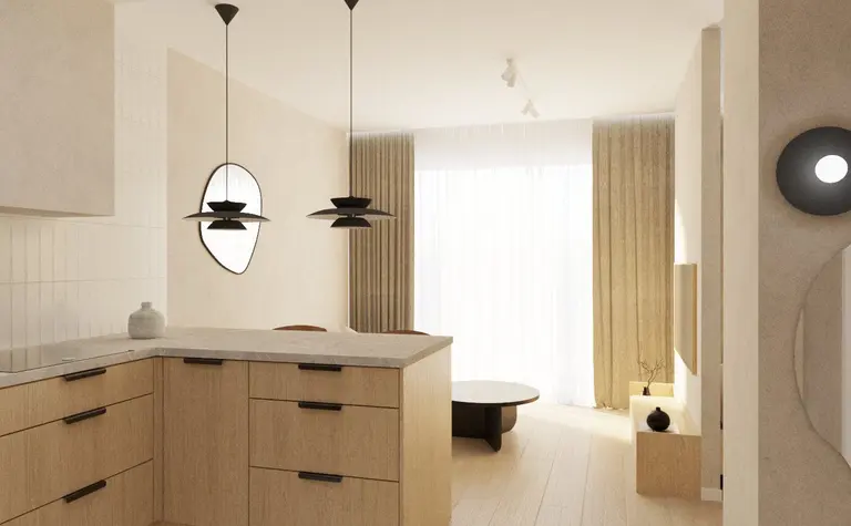 Wnętrze kuchni w stylu japandi, minimalistycznym i współczesnym z drewnianymi meblami.