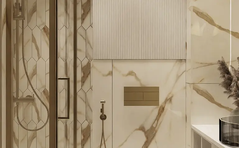 Stylowa łazienka z nowoczesnymi elementami glamour i współczesnymi detalami.