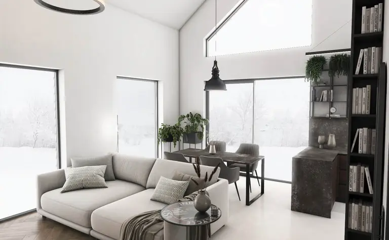 Wnętrze salonu w stylu industrialnym i minimalistycznym z jasną sofą i dużymi oknami.