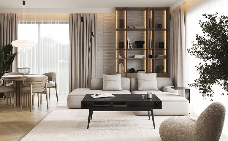 Wnętrze salonu w stylu japandi, minimalistycznym i boho z szarymi meblami.