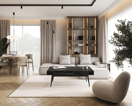 Wnętrze salonu w stylu japandi, minimalistycznym i boho z szarymi meblami.