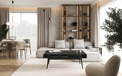 Wnętrze salonu w stylu japandi, minimalistycznym i boho z szarymi meblami.