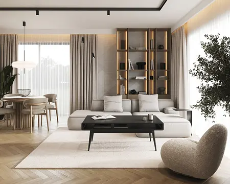 Wnętrze salonu w stylu japandi, minimalistycznym i boho z szarymi meblami.