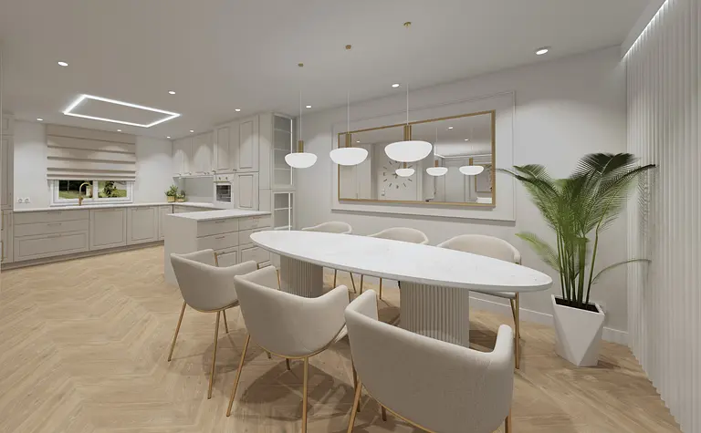 Wnętrze kuchni z jasnymi meblami, marmurowym stołem i rośliną w doniczce. Styl glamour, nowoczesny, współczesny.