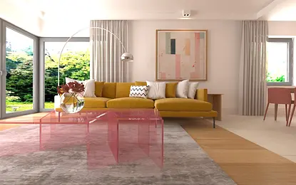 Wnętrze salonu z żółtą sofą, różowym stolikiem, dopaminowym wystrojem.