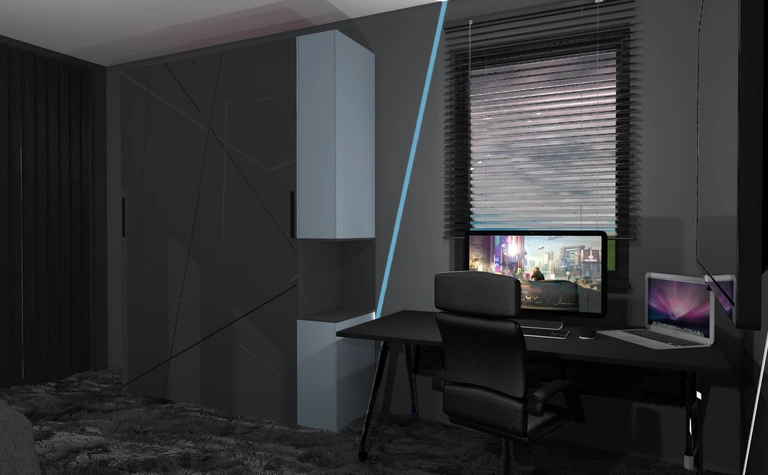 Wnętrze gabinetu z ciemnymi ścianami, biurkiem i nowoczesnym wyposażeniem, dopamine decor, industrialny.