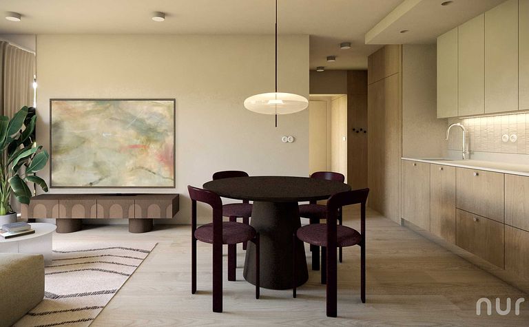 Salon z burgundowym stołem