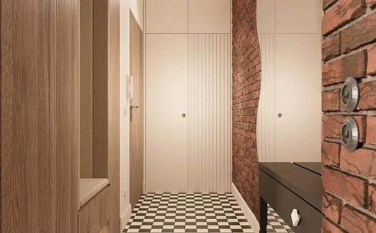 Przedpokój w stylu eklektycznym z nowoczesnymi akcentami, drewnianymi i ceglanymi detalami.