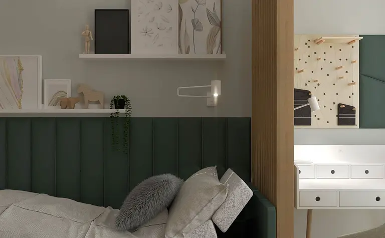 Wnętrze sypialni w stylu boho i skandynawskim z biurkiem